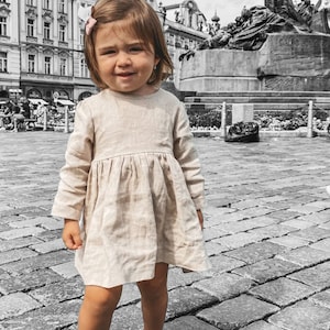 Girl&#39;s Linen Dress with Frills. 1st Birthday Linen dress. Dress with Bow. Ceremony Wedding Kids Dress for a Baby Girl