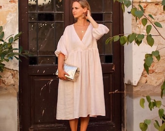 Handmade Linen Midi Dress, Puff Sleeves, Prairie Style