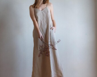 Handmade Linen Maxi Slip Dress, Sleeveless Summer Clothing. Spaghetti Straps.