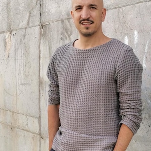 Mens Linen Waffle Crew Neck Pullover Tee for Man, Mens Linen jumper, Softened Linen Blend Sweater for him, Long sleeve linen top