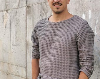 Mens Linen Waffle Crew Neck Pullover Tee for Man, Mens Linen jumper, Softened Linen Blend Sweater for him, Long sleeve linen top