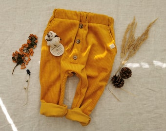 100% Cotton Corduroy Pants Natural Vintage Style Washed Cord Fabric  Pants for Kids Baby Corduroy Pants Coconut Buttons Boys Girls Pants