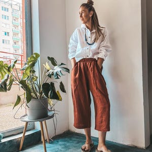 Wide leg linen culottes. Tapered linen pants for woman. Womens summer wide linen trousers. Wide pants from linen fabric. Linen clothing.