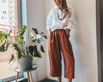 Wide Leg Linen Culottes, Cropped Summer Trousers