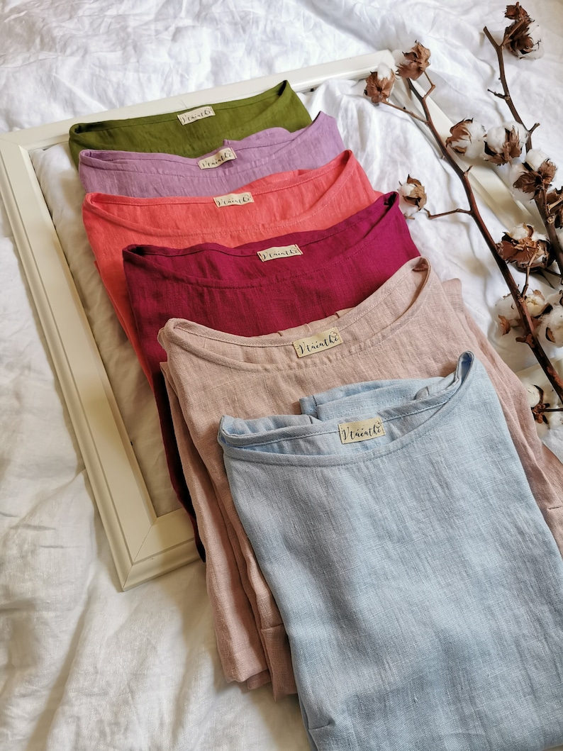 100% Linen Tee Trendy Long Sleeve Shirt Handmade Natural Linen Long Sleeves Top for Spring Summer Autumn Vintage Style Linen Blouse Tee image 1
