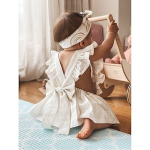 Ivory Linen Dress Baby Girl Linen Baptism Dress Vanilla Frill Dress with Bow Ceremony Wedding Kids Overal Bloomer Pinafore Dress for a Girl