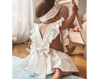 Ivory Linen Dress Baby Girl Linen Baptism Dress Vanilla Frill Dress with Bow Ceremony Wedding Kids Overal Bloomer Pinafore Dress for a Girl