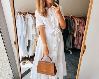 Handmade White Cotton Eyelet Dress: Broderie Anglaise Midi Dress