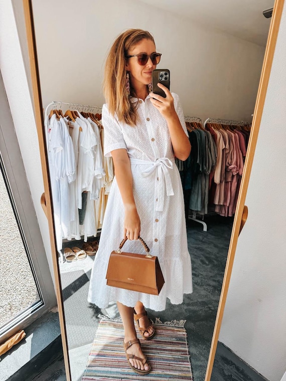 Handmade White Cotton Eyelet Dress: Broderie Anglaise Midi Dress