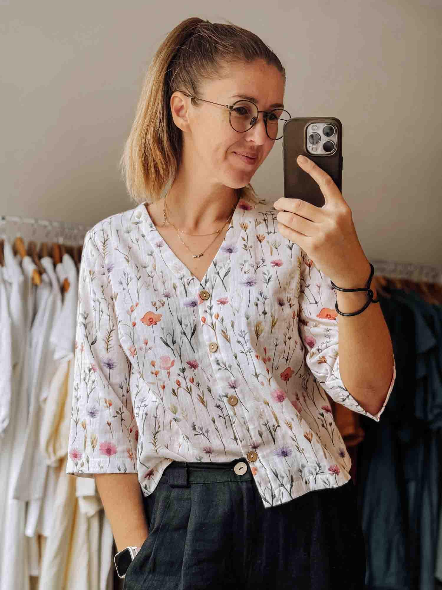 Floral Cotton Tee with Buttons, cropped Sleeve Shirt Handmade Natural Muslin Top for Spring Summer Autumn Vintage Style Double Gauze Blouse