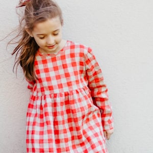 Red Checked Linen Dress for Girl. Gingham Linen dress.