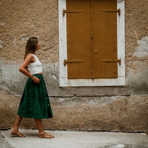 Gathered Linen Skirt with buttons. 40 colors to Choose. Linen Skirt with pockets and Elastic Waist. Cottagecore Linen Skirt Milkmaid image 1