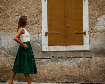 Gathered Linen Skirt with buttons. 40+ colors to Choose.  Linen Skirt with pockets and Elastic Waist. Cottagecore Linen Skirt Milkmaid