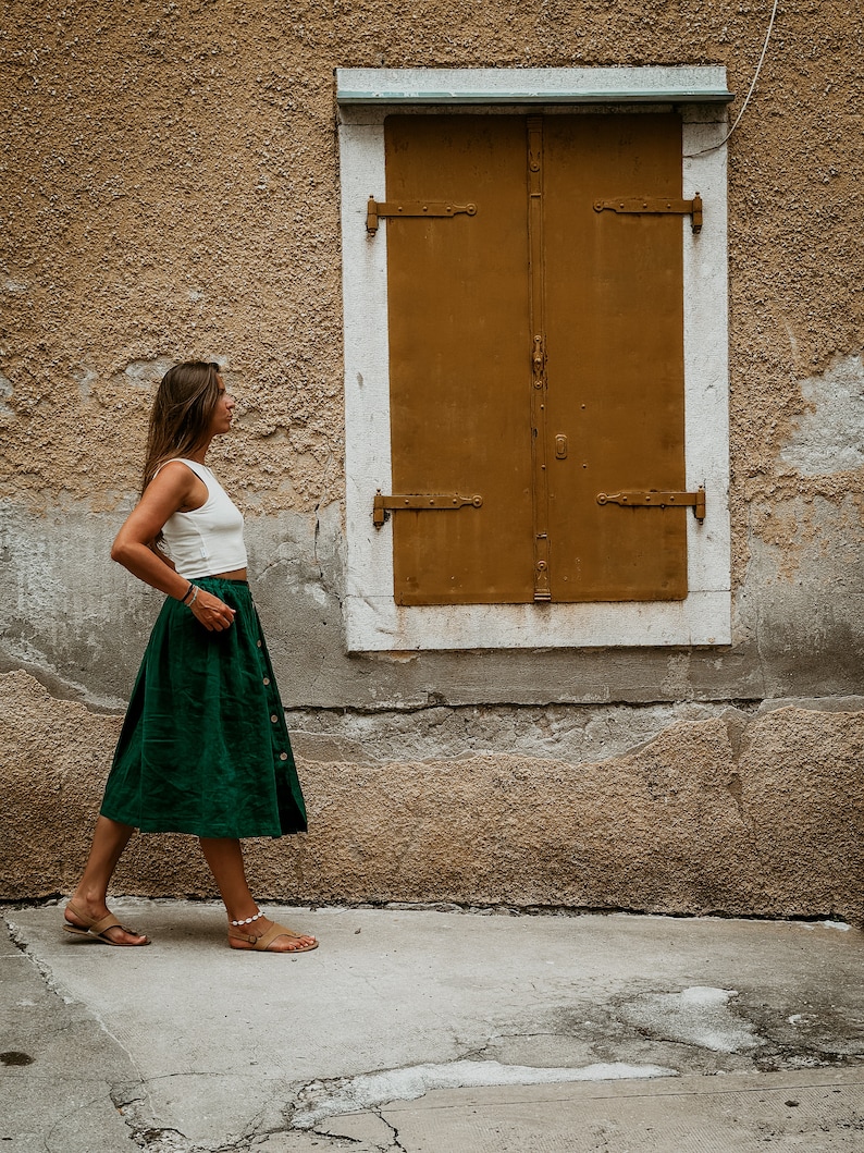 Gathered Linen Skirt with buttons. 40 colors to Choose. Linen Skirt with pockets and Elastic Waist. Cottagecore Linen Skirt Milkmaid image 1