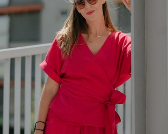 Handmade Linen Wrap Top - Short Sleeve Kimono Blouse