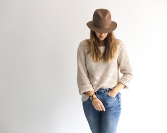 Handgefertigte Waffel Leinen Baumwolle Pullover, Langarm-Bluse