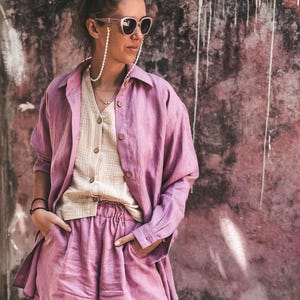 100% Linen Collar Shirt Buttondown Long Sleeves Shirt Oversized Linen Shirt Lavender Linen Shirt Women Linen Blouse Boyfriend Fit Oversize