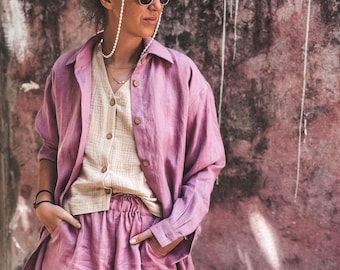 Oversized Linen Shirt, Lavender Buttondown Blouse, Long Sleeve Boyfriend Fit