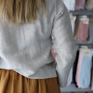 100% Linen Tee Lined Long Sleeve Shirt Handmade Natural Linen Long Sleeves Top for Spring Summer Autumn Striped Linen Blouse Tee