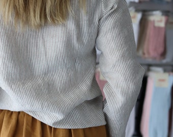 100% Linen Tee Lined Long Sleeve Shirt Handmade Natural Linen Long Sleeves Top for Spring Summer Autumn Striped Linen Blouse Tee