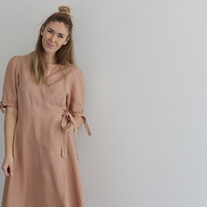 Women&#39;s Linen Wrap Dress, Loose Linen Dress, Linen Clothing for Women, Linen Maternity Dress, Puff Sleeve Dress, Bridesmaids Linen Dress
