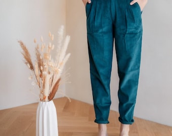 Womens boxy cord pants. Corduroy high waisted trousers for woman.