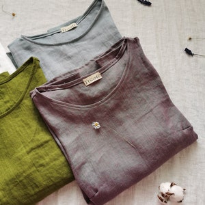100% Linho Camiseta Trendy Manga Longa Camisa Feita À Mão Linho Natural Mangas Longas Top Blusa de Linho Estilo Vintage Lavanda Pó Azul Pó