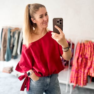 100% Linen Oversized Top with ruffled sleeves and ties.  Top for Spring Summer Autumn Vintage Style Linen Blouse Tee.