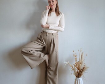 Beige Virgin Wool Pants. Italian Lambs Wool Womens Trousers with Zipper. Wide fit Palazzo Pants.