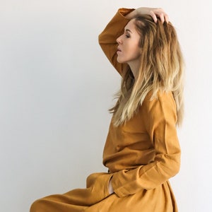 100% Linen Tee Lined Long Sleeve Shirt Handmade Natural Linen Long Sleeves Top for Spring Summer Autumn Cinnamon Linen Blouse Tee Mustard
