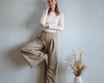 Virgin Wool Pants. Natural Pants for Woman from premium Italian Wool. Womens Trousers with Zipper. Wide fit Wool Trousers. Twist Pants.