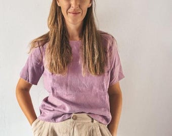Handmade Linen Tee, Short Sleeve Blouse, Vintage Style Top