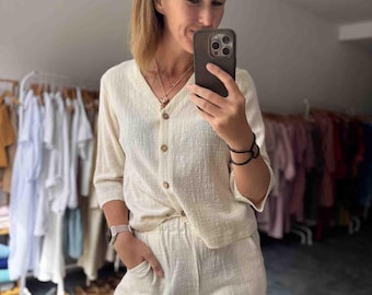 Handmade Cotton Muslin Button Blouse, Vintage Style V-Neck Top