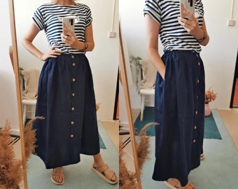 Women's Linen Maxi Skirt with Pockets and Buttons. Handmade Linen Skirt Mid Calf. Perfect Skirt for Summer. 40+ colors to choose