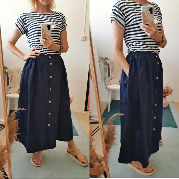 Maxi jupe en lin pour femmes avec poches et boutons. Jupe en lin faite à la main mi-mollet. Jupe parfaite pour l’été. 40+ couleurs au choix