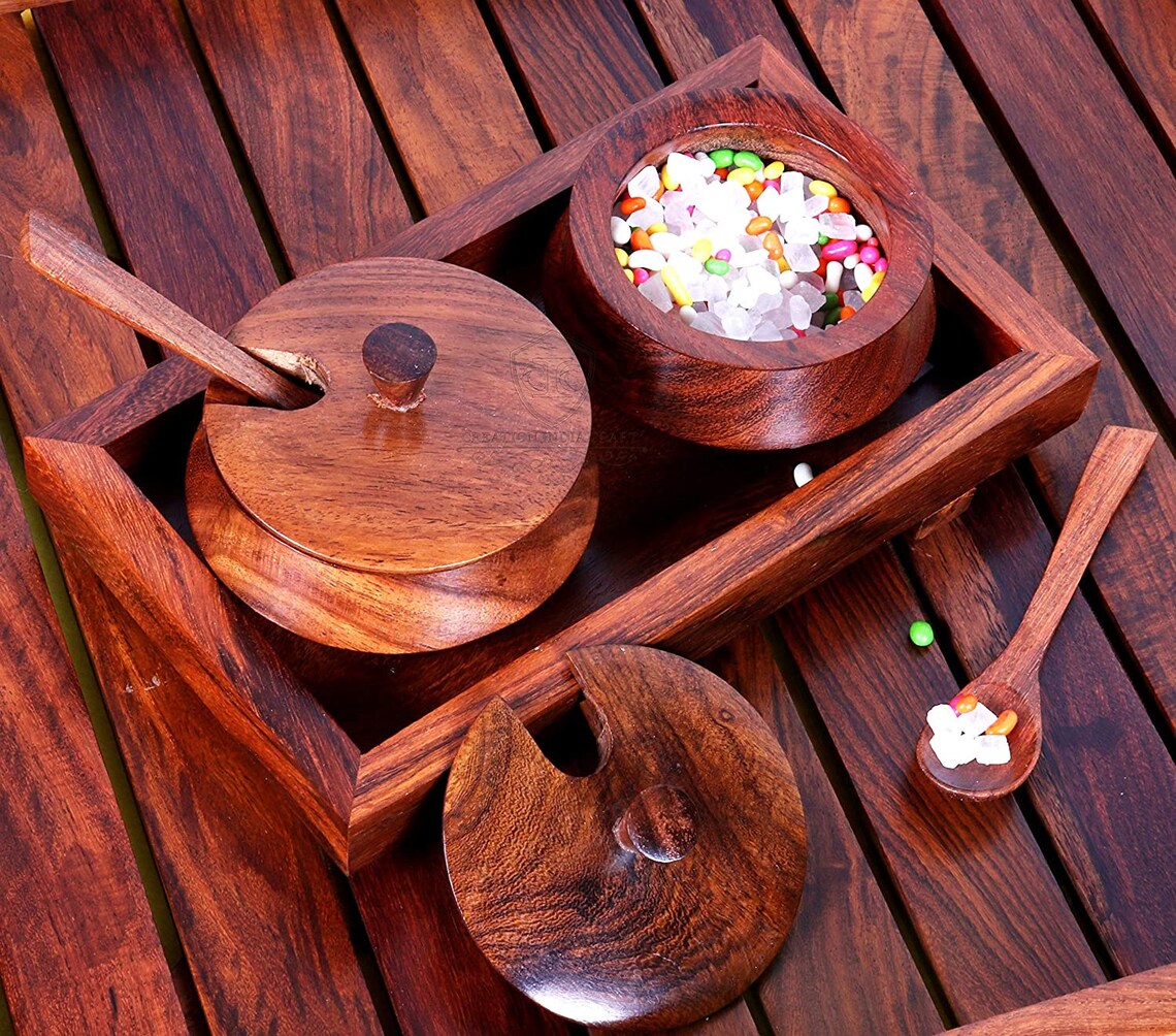 Handmade Rosewood DIPS Serving Jar Set with Tray and Spoons Etsy