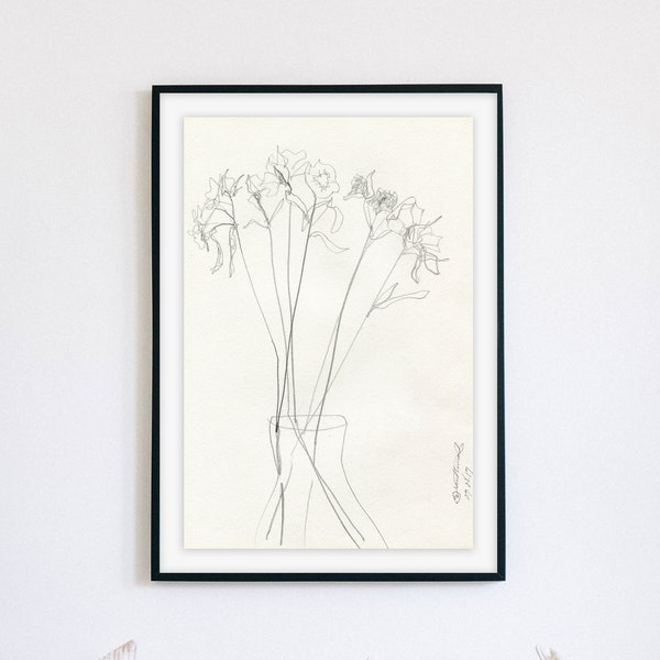 Zen Floral Elegance - Pencil Drawing, Minimalist Flower Vase Art, Henri Matisse Inspired, Serene Artwork, Digital Print by Rant Tuna Art