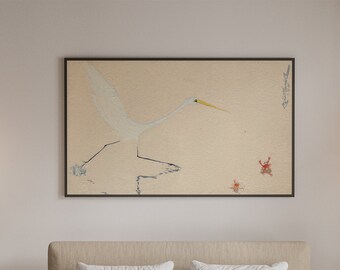 May include: A minimalist bedroom with a bed dressed in white linens and a beige throw. A framed artwork depicting a bird is mounted above the bed. Two globe pendant lights and a potted plant on a bedside table add to the room's decor.