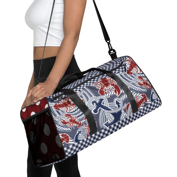 Preppy Naurical red white and blue lobster weekender travel Duffle girls weekend trip bag getaway tote airplane carry on luggage gym workout