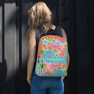 Preppy Pink Flamingo Aqua Polka Dots High School College Sac à dos avec poche avant