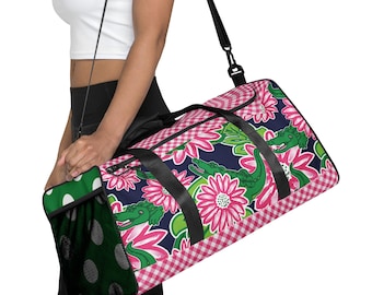 Preppy Gator Sorority Navy Pink Green Gingham Tropical Paradise Vacation Honeymoon Large Weekender Tote Duffle Bag Gym Luxury College girl
