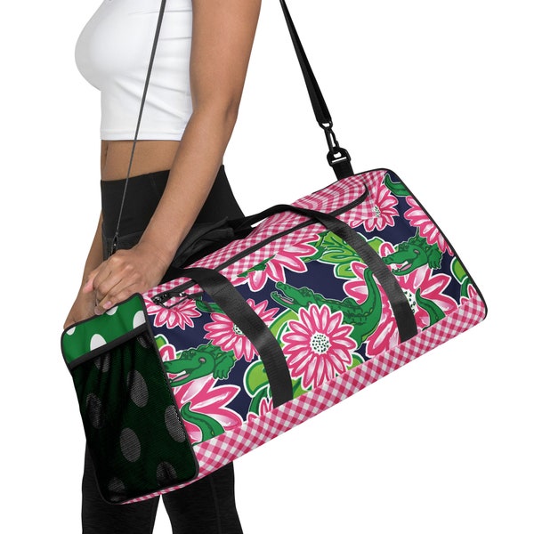 Preppy Gator Sorority Navy Pink Green Gingham Tropical Paradise Vacation Honeymoon Large Weekender Tote Duffle Bag Gym Luxury College girl