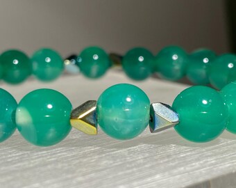 5.26 to 9.25mm | Natural A-Grade Green Agate Crystal Bracelet with Hematite | Healing Jewelry