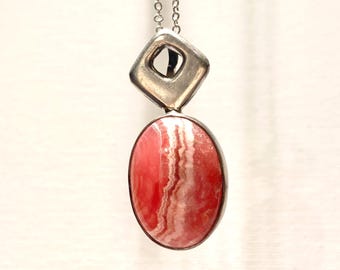 9.4g | Natural AA-Grade Pink Red Rhodochrosite Crystal Pendant | Oval Shape | 925 Silver | 20" Chain