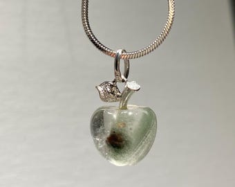 2.3g | Natural Green Chlorite Phantom Quartz Crystal Pendant in 925 Silver | Apple Carving | Healing Jewelry | 18" Chain