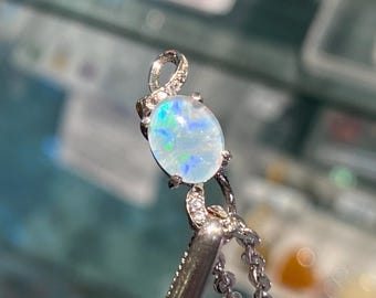 1.1g | Natural AA-Grade Australian Opal Crystal Pendant | Rhodium-Plated Casing | Rhinestones | 20" Chain