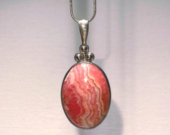 11.7g | Natural AA-Grade Pink Red Rhodochrosite Crystal Pendant | Oval Shape | 925 Silver | 18" Chain