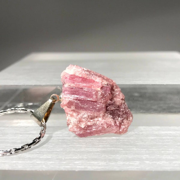 Natural Raw Small A-Grade Pink Tourmaline Pendant | Crystal Necklace | 925 Silver Setting | INCLUDES: 16-18" Adjustable Rhodium-Plated Chain