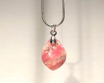 3.0g | Natural AA-Grade Pink Red Rhodochrosite Crystal Pendant | Oval Shape | 925 Silver | 18" Chain