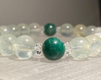 5mm to 10mm | Natural AA_Grade Prehnite Crystal Bracelet with Green Agate & Clear Quartz | Healing Jewelry